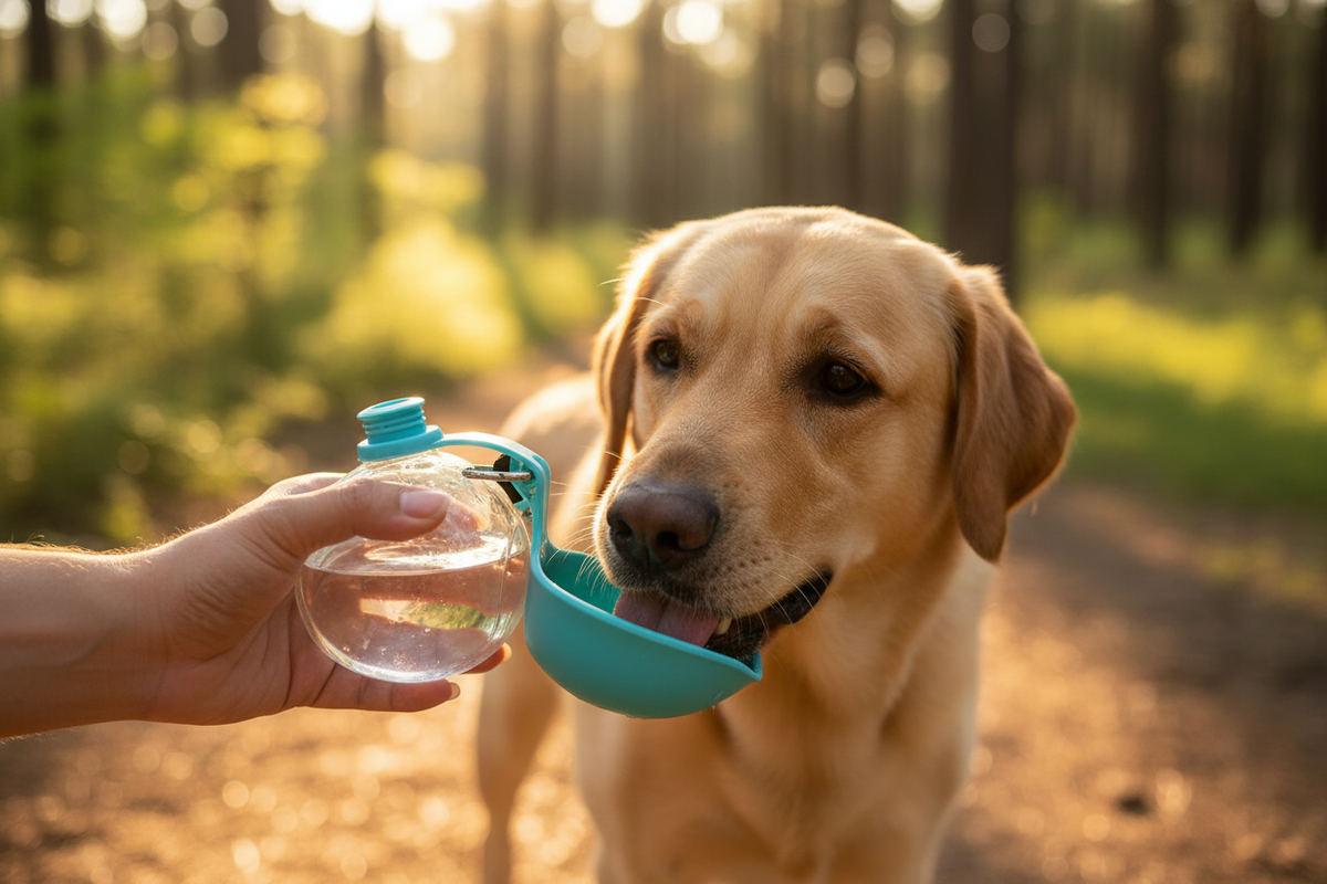 Chien buvant avec la gourde turquoise en forêt